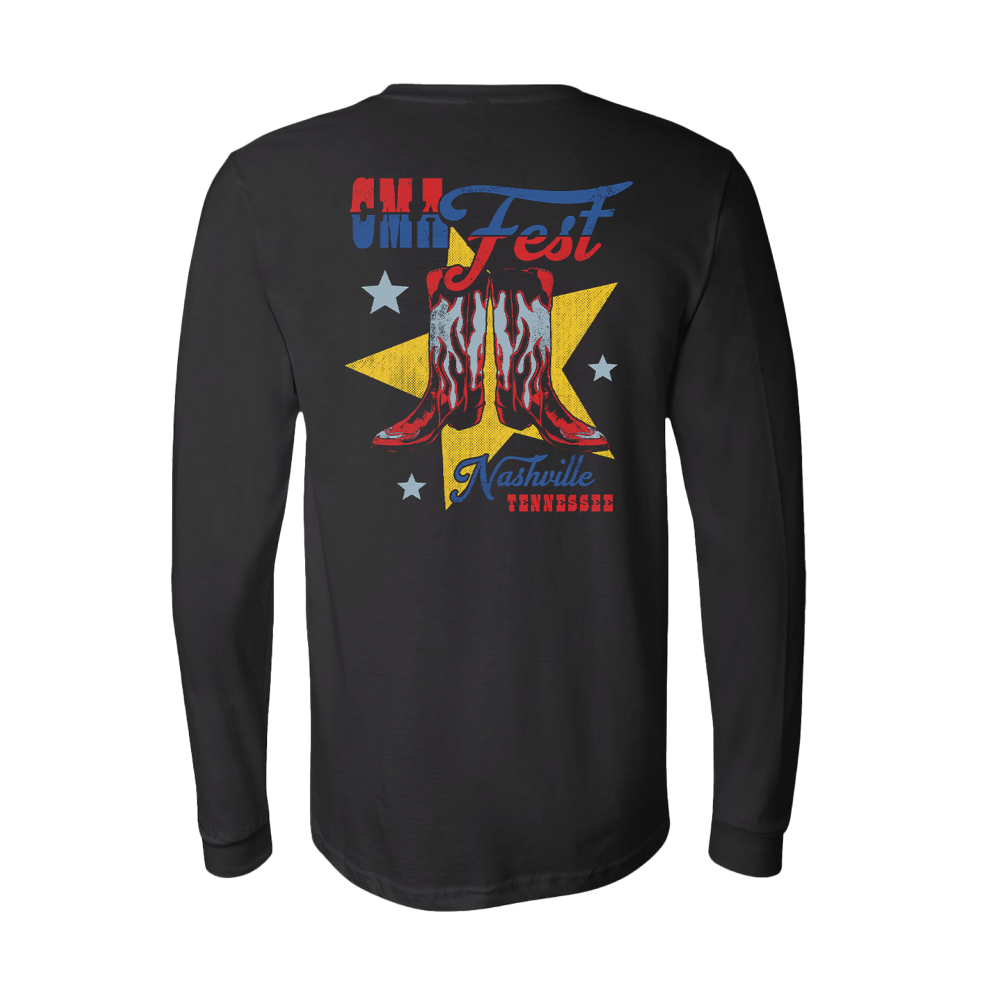 Official CMA Fest Merchandise. This black long sleeve shirt is 100% cotton and features the boots design printed on the back, with a CMA Fest star pocket logo on the front.
