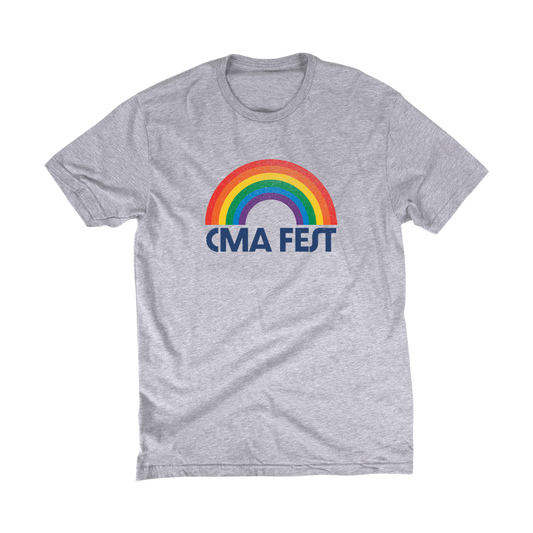 Official CMA Fest Merchandise. Rainbow design printed on a grey unisex 100% cotton shirt.