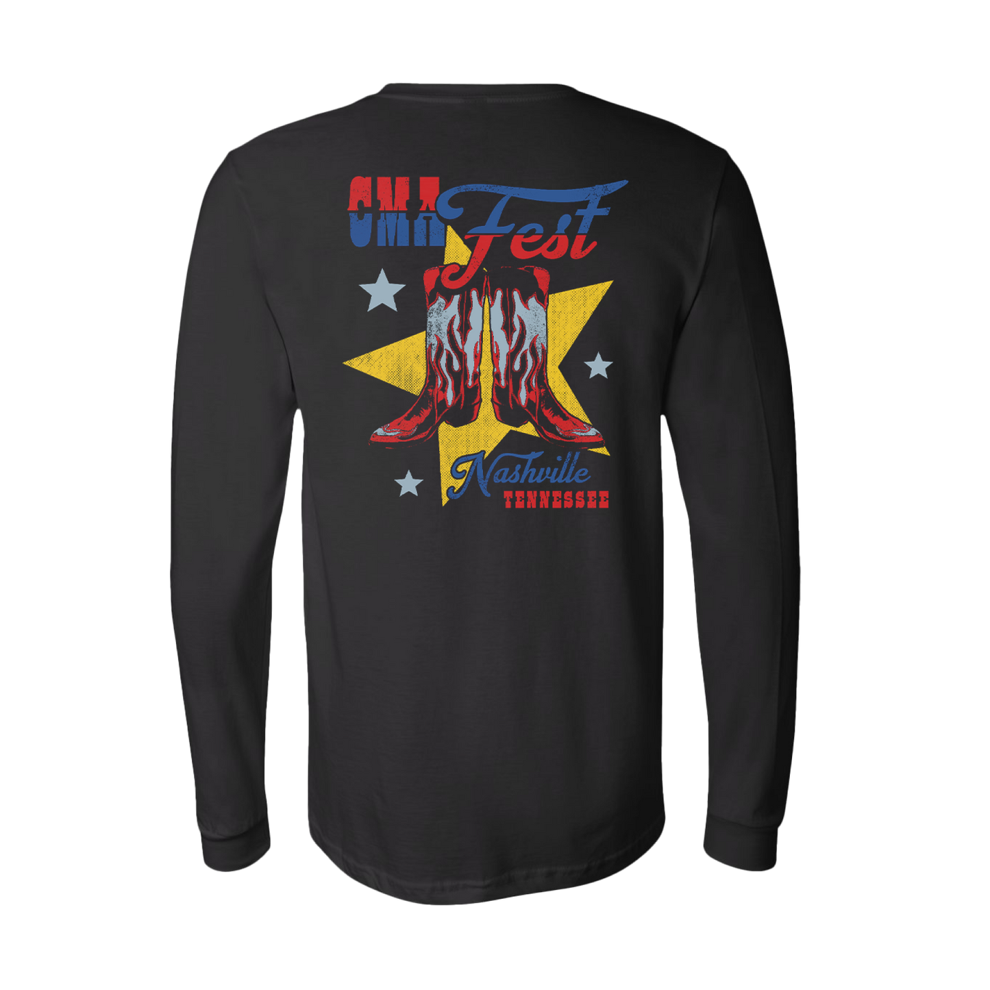 Official CMA Fest Merchandise. This black long sleeve shirt is 100% cotton and features the boots design printed on the back, with a CMA Fest star pocket logo on the front. 