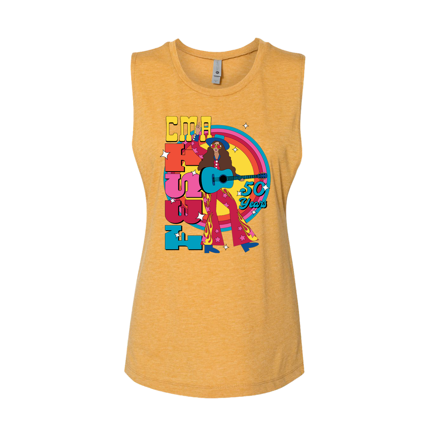 Official CMA Fest Merchandise. This relaxed ladies muscle tank is a 65/35 polyester/combed ringspun cotton blend. It features a colorful retro CMA fest design.